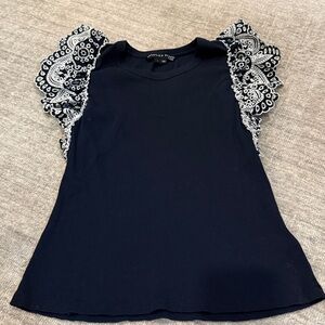 Veronica Beard Navy Blouse with Embroidered Ruffle Sleeves size L. Like new